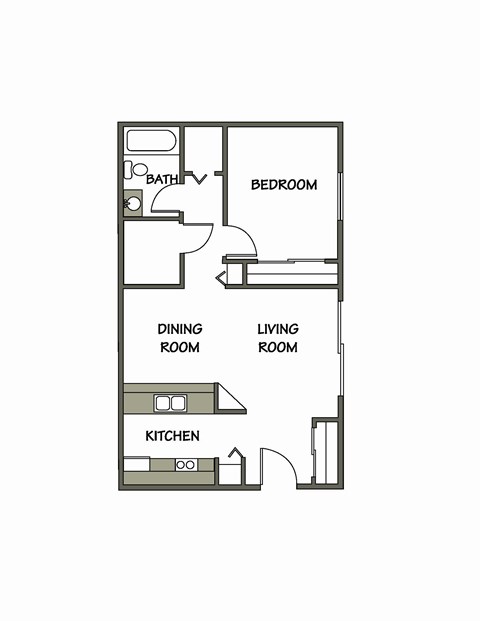 Floor plan for 1 bed, 1 bath, 689 sqft